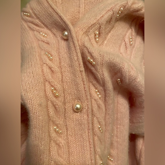 LAUREN COLE 70% Lambswool Angora Pearl Embellished Baby Pink Knit Cardigan - MP - Picture 10 of 10
